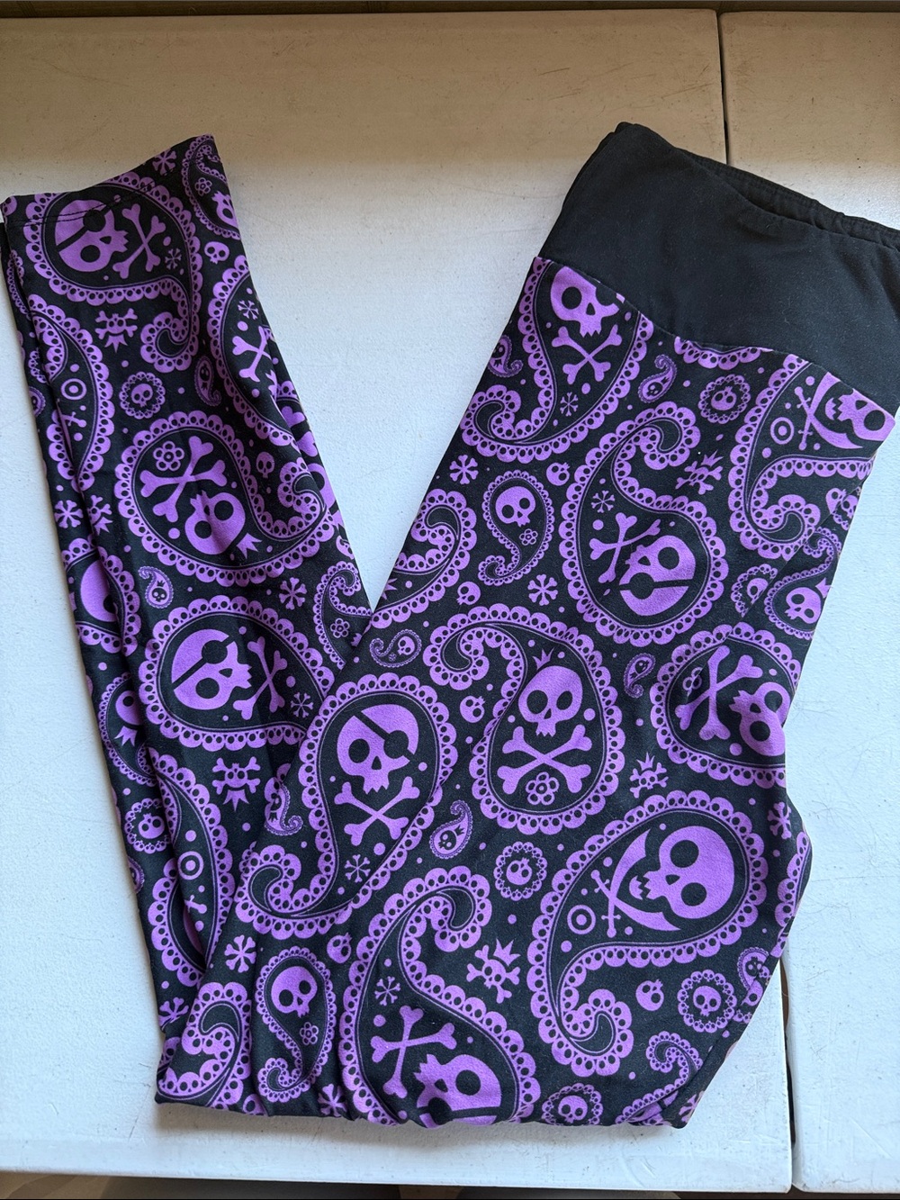 Purple Skull Paisley High-Rise Leggings with Black Waistband